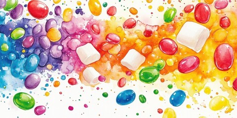 Watercolor illustration features jelly beans and marshmallows floating together