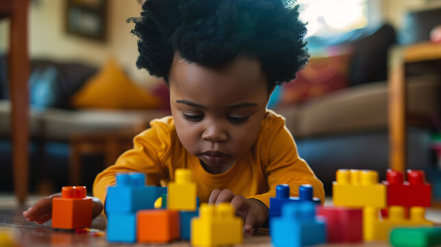 Naklejki Toddler engaged in colorful block play