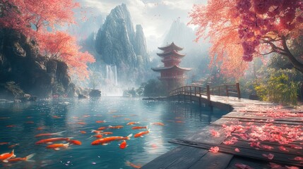 Serene Japanese garden with koi pond and cherry blossoms