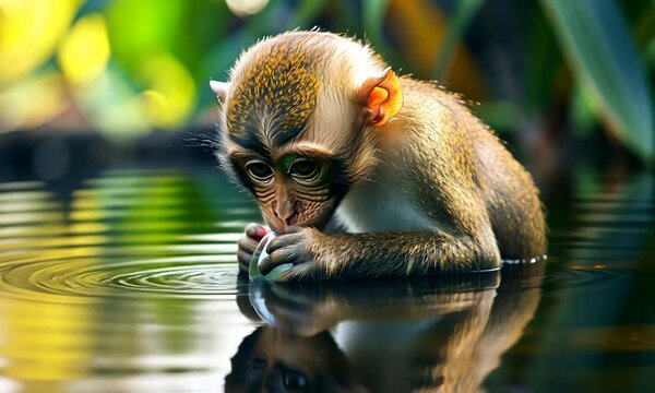 Young monkey drinking water from a serene pond in nature