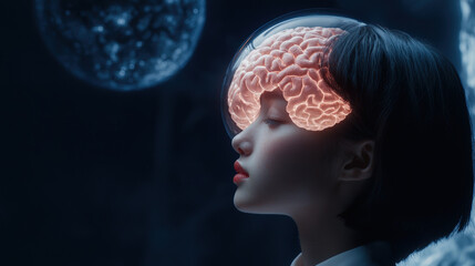 A profile of a young woman with a glowing brain, symbolizing creativity and thought, set against a dark, ethereal background with floating spheres.