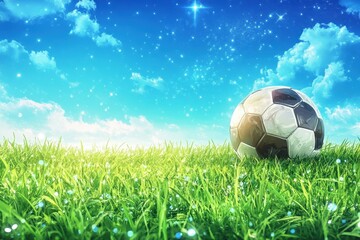 Fototapeta premium A vibrant soccer ball rests peacefully on a lush field