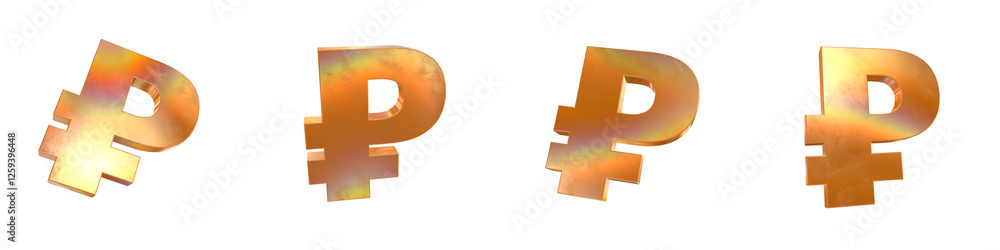 Aufkleber set of 4 3d rouble symbol shapes with golden and rainbow effects isolated on a transparent backgroun