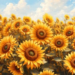 Fototapeta premium Vibrant Field of Sunflowers Under a Bright Blue Sky at Daytime