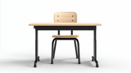 Empty Light Brown Wooden Student Desk And Chair