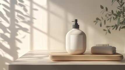 round shampoo bottle with a hanging label on a clean, minimal bathroom counter.