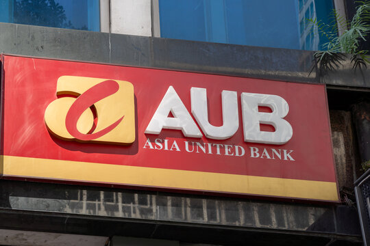 Makati City, Philippines - February 1, 2025: Close up of AUB (Asia United Bank) logo and sign on the building in Makati City, Philippines. 