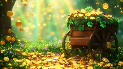 St. Patrick's day background Patrick with the leprechaun's treasure, a wooden train full of gold coins and flying shamrocks on a festive green and rainbow light background