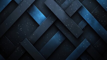 Abstract Blue triangles and squares on a dark background. Geometric pattern for banner template with white space in the center for text. Simple modern wallpaper with copy space.