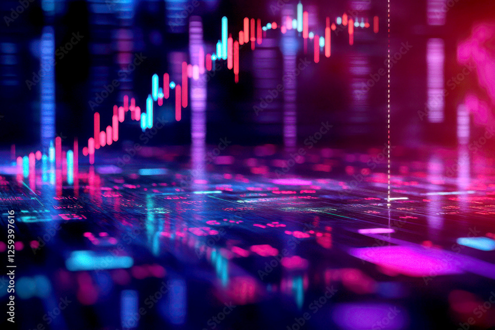 Poster vibrant digital background with financial data and graphs.