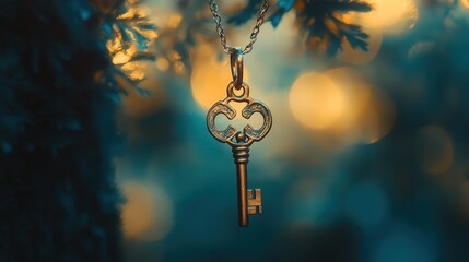 key pendant hanging from a neck, with the fine texture and subtle shine of the key standing out against the blurred background