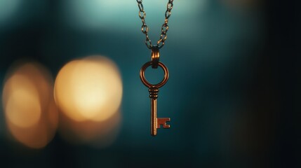 key pendant hanging from a neck, with the fine texture and subtle shine of the key standing out against the blurred background