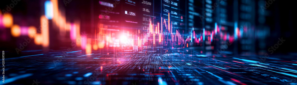 Poster dynamic data visualization of financial market trends and analytics.