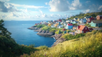 coastal town with colorful houses nestled on a hillside, with the calm blue ocean stretching out to the horizon, framed by bright skies