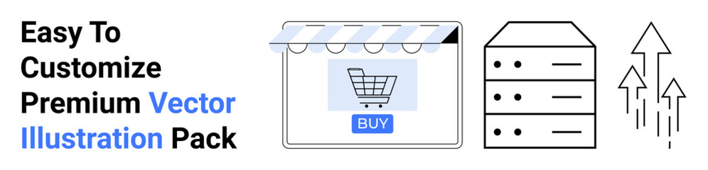 Storefront with cart icon and buy button, server stack, and upward arrows symbolizing e-commerce, hosting, technology, business growth. Ideal for marketing, retail, tech startups data management