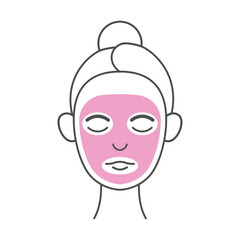 Minimalist skincare illustration of a woman wearing a pink facial mask. This vector icon represents self-care, beauty treatments, and skincare routines.