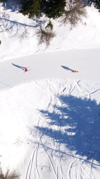 Aerial drone view of a ski resort in Col dei Baldi, Alleghe, in the Dolomites, Italy in daylight. Vertical
