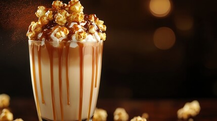 Caramel popcorn milkshake, dark background, sweet treat, dessert menu