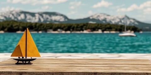 Obraz premium Miniature sailboat on wooden table with blurred water background