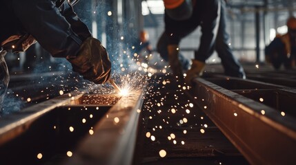 Construction workers welding steel beams. On a building framework. Emphasizing precision and craftsmanship. Ideal for construction skills training.