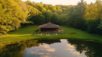 Obraz premium Serene Lakeside Pavilion: A Peaceful Retreat Nestled in Nature's Embrace