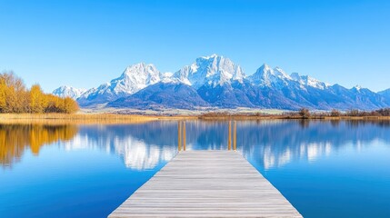 Fototapeta premium Serene lakeside view with wooden dock leading to majestic mountains under clear blue sky