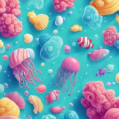 Colorful underwater pattern with jellyfish coral and cartoon style fish