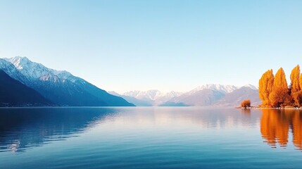 Serene lake landscape with mountains, autumn trees reflecting in calm water at sunrise