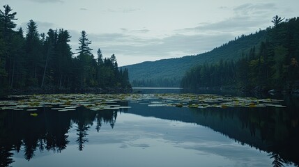 Serene lake surrounded by lush trees under a cloudy sky, reflecting nature's calm beauty