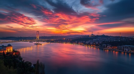 Naklejka premium Bosphorus Strait during sunset, capturing the rich oranges and pinks of the sky as they reflect on the calm, dark waters below