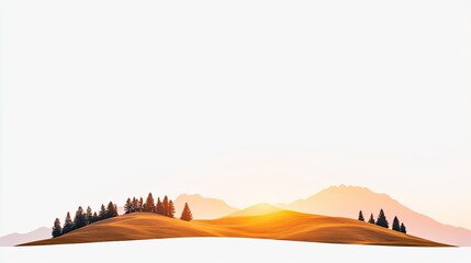Serene sunset over rolling hills with silhouetted trees and distant mountains in tranquil landscape
