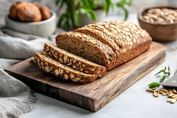 Freshly Baked Oatmeal Bread Sliced on Rustic Wooden Board in Bright Kitchen Setting