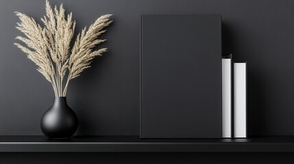 Neutral-toned pampas grass in a black vase sits on a dark shelf next to a black book and two white books. A minimalist, modern aesthetic.