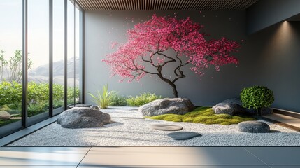 Serene indoor Japanese garden with cherry blossom mural