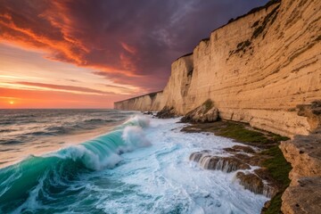 Obraz premium Long Exposure: Ivory Coastline, Vibrant Sunset, Ocean Waves, Coastal Photography