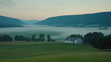 Serene morning landscape with a misty valley and a farmhouse surrounded by rolling hills