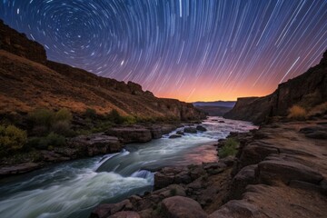 Naklejka premium Long Exposure Photography: Deliberate River Flow, Night Sky, Star Trails