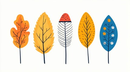 Fototapeta premium A collection of illustrated leaves in various shapes and colors.