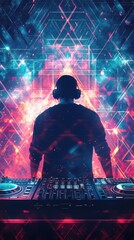 Fototapeta premium A silhouette of a dj with glowing abstract background