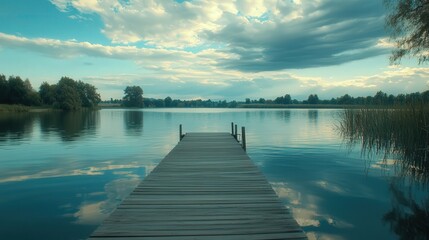 Fototapeta premium lake with a wooden pier, the clouds above casting a soft light across the water, highlighting the peaceful beauty of the surroundings