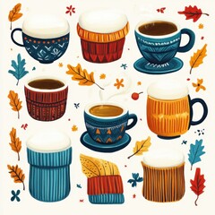 A collection of illustrated mugs and cups filled with coffee and beer, decorated with autumn leaves.