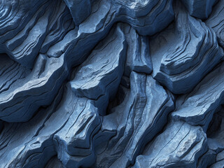 Fototapeta premium A hyperrealistic close-up of layered rock formations in deep blue tones, showcasing intricate textures and natural cracks.