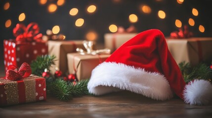 Joyful Santa hat with a background of holiday presents and twinkling lights, capturing the festive and celebratory spirit of Christmas for holiday content.