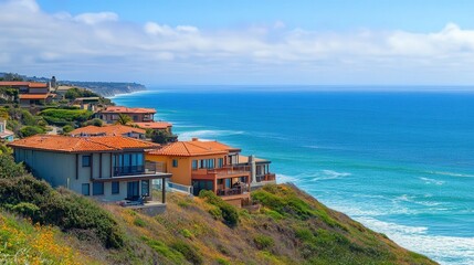 serene coastal scene with colorful houses on a hillside, with the bright blue ocean gently stretching into the horizon