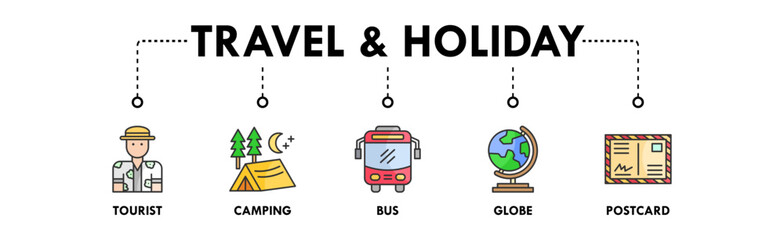 Travel and Holiday banner web icon illustration concept with icon of tourist, camping, bus, globe, and postcard