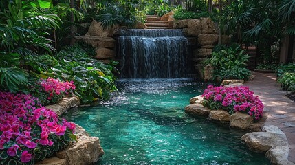 Naklejka premium Serene indoor garden featuring a tranquil waterfall surrounded by vibrant flowers and lush greenery