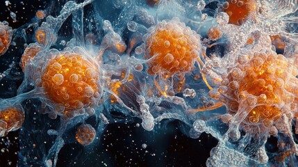 A cluster of orange and white bubbles floating on the surface of clear water