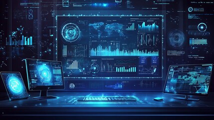 Fototapeta premium Digital Data Visualization: Futuristic Tech Workspace