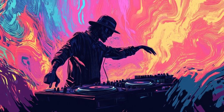 Dj mixes music on colorful turntables with neon background