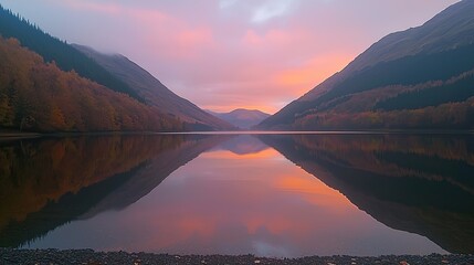 Serene Autumn Sunset Over Tranquil Lake Surrounded by Majestic Mountains and Forests